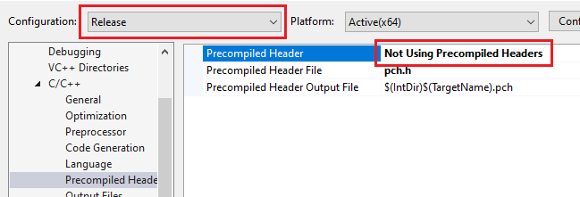Visual Studio Disable Pre-Compiled Headers